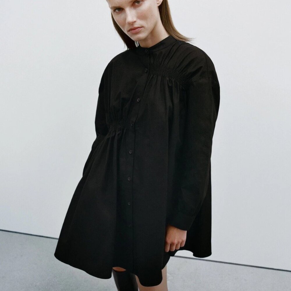 NWOT Zara Women's Enya Mini Poplin Shirt Dress in Black Size Large